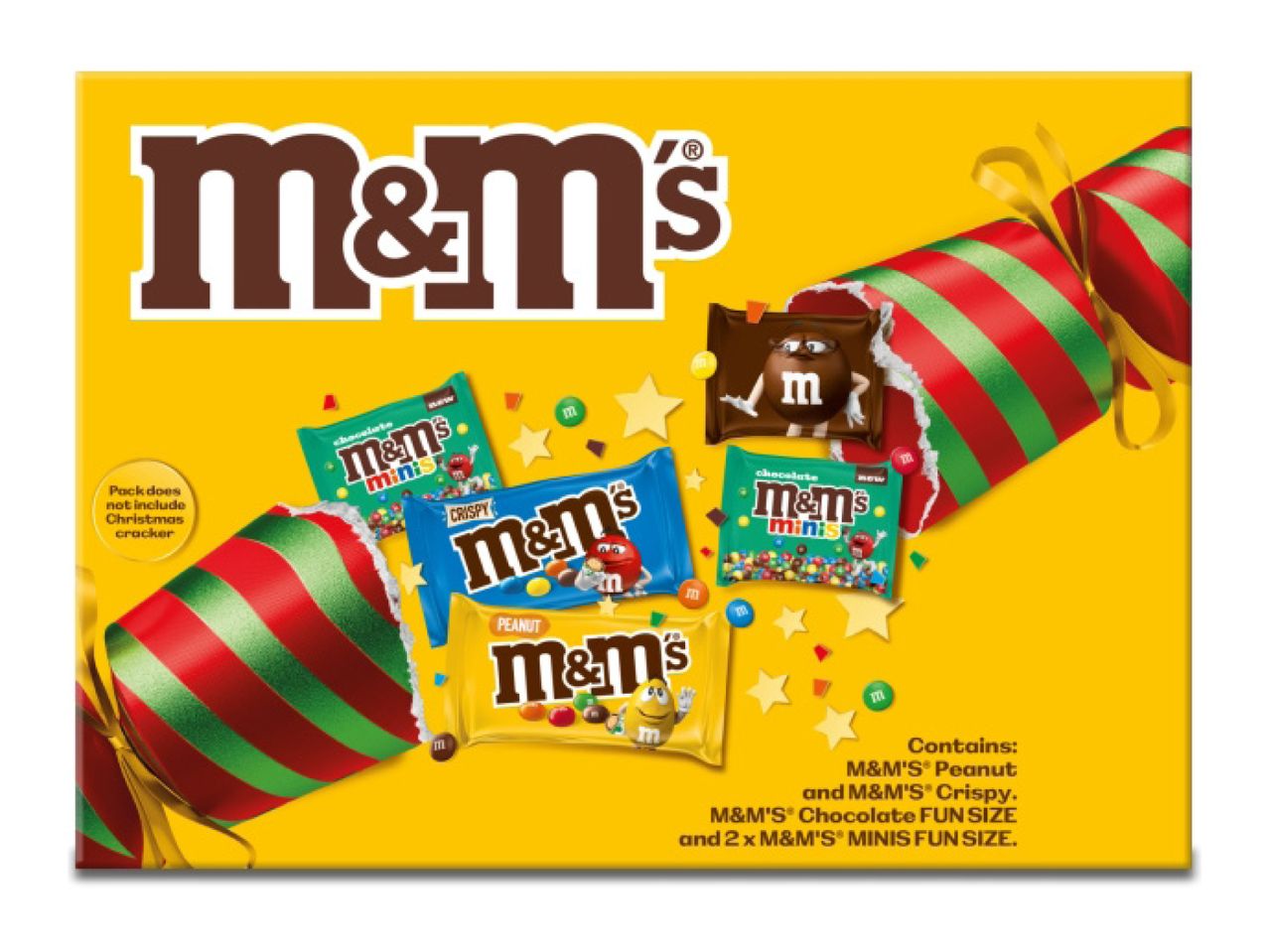 M&M's Christmas cracker gift box with Peanut, Crispy, Chocolate, and Minis fun size packs.