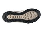 Sole of a grey and black hiking shoe with a deep tread pattern