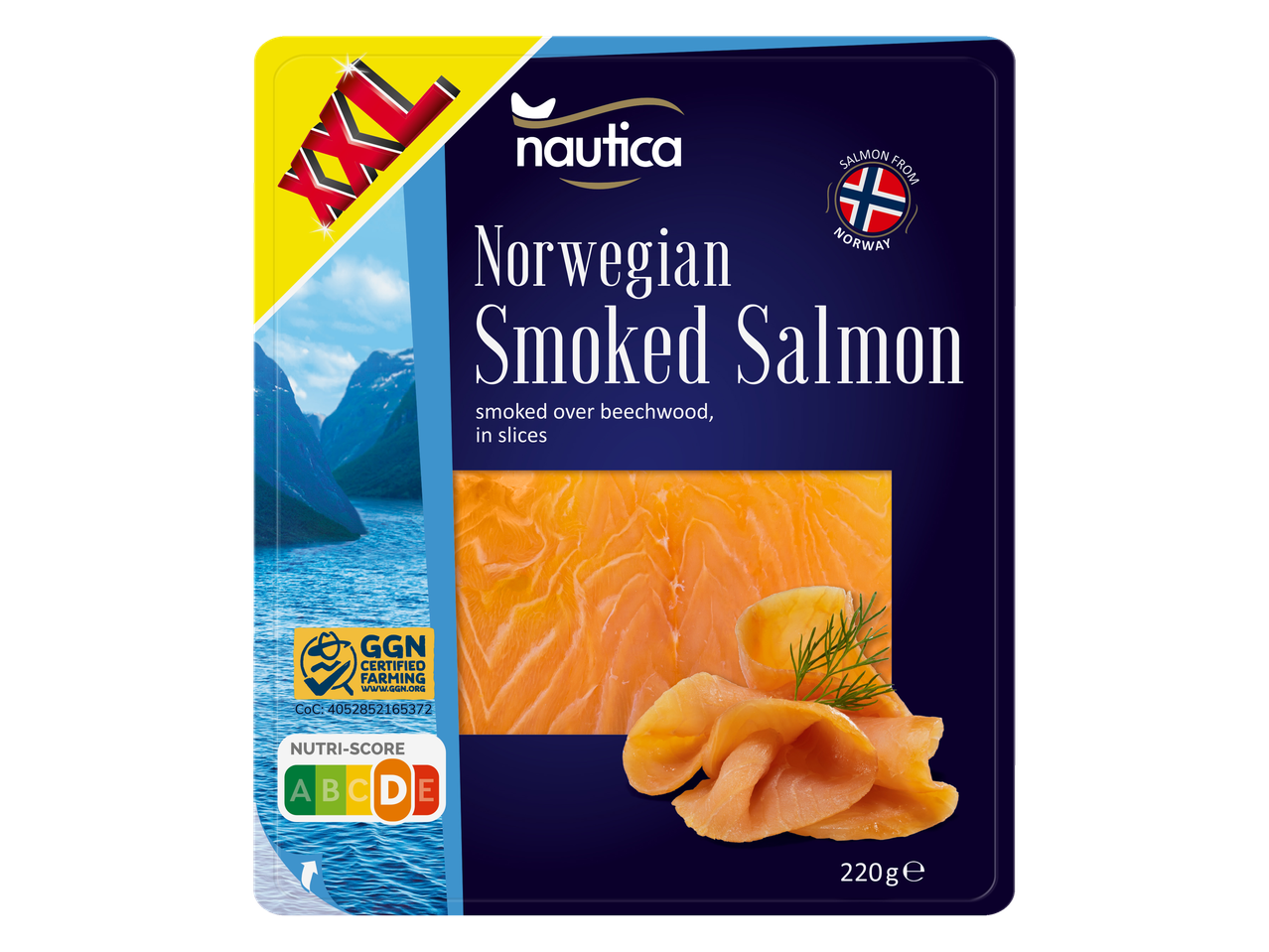 Nautica XXL Noorse gerookte zalm in plakjes (220g).