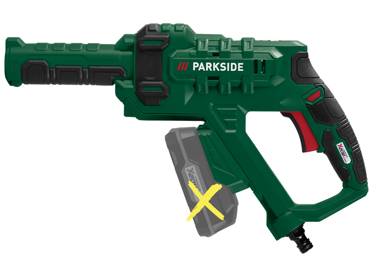 Зелен пистолет за миене под налягане с черни и червени акценти, с батерия, маркирана с жълт X.