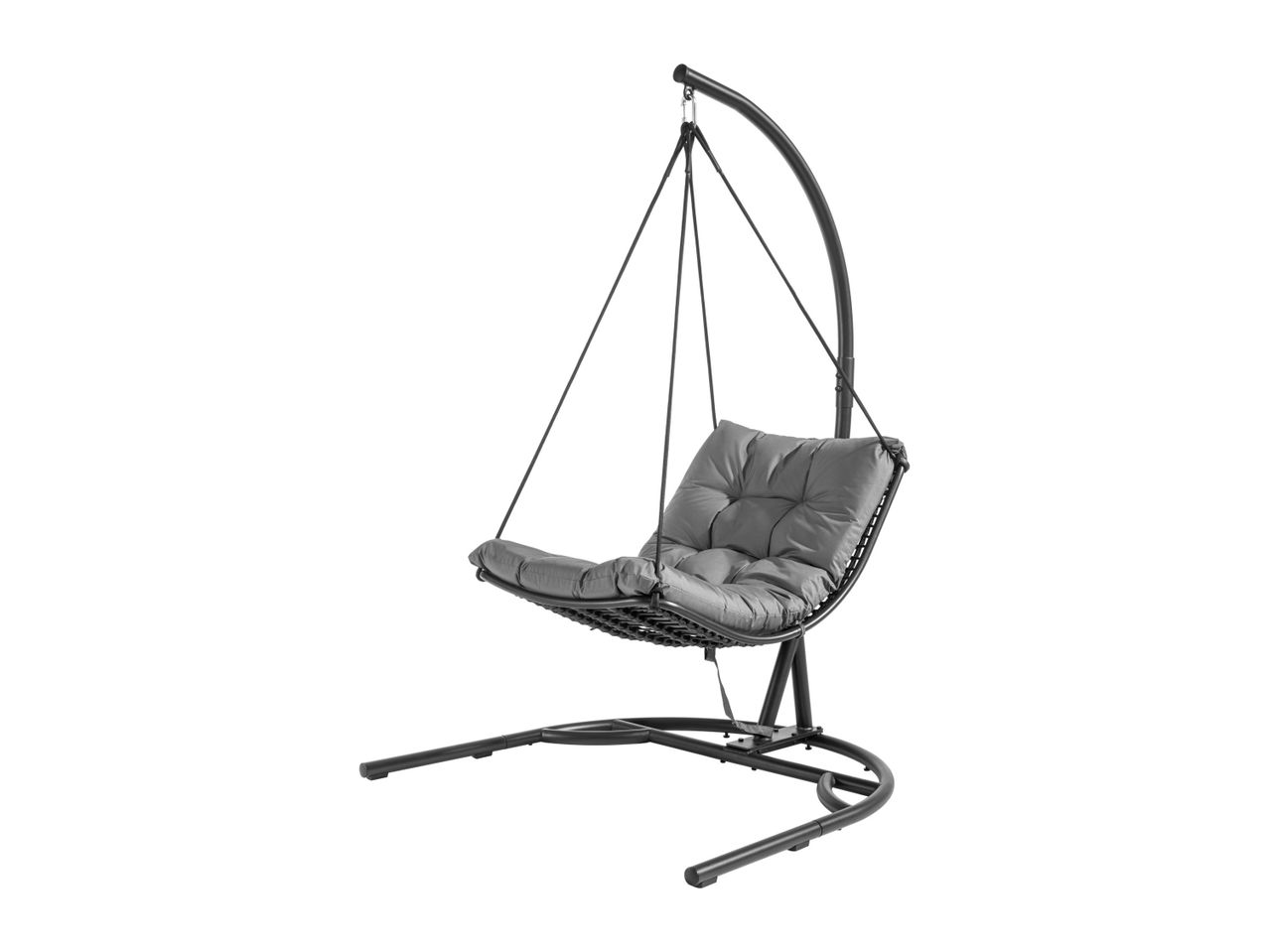 Hanging chair with grey cushions and metal frame.