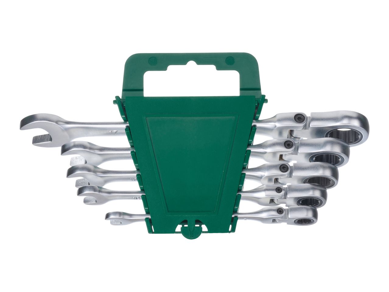 A set of silver combination wrenches with ratcheting box ends in a green plastic holder.