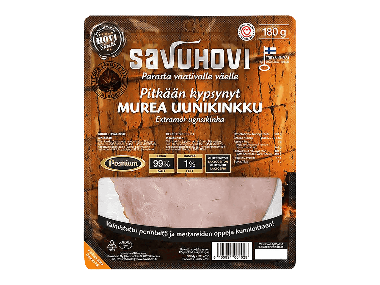 Savukinkkupakkaus, jossa on tekstiä ja ravintosisältötietoja.