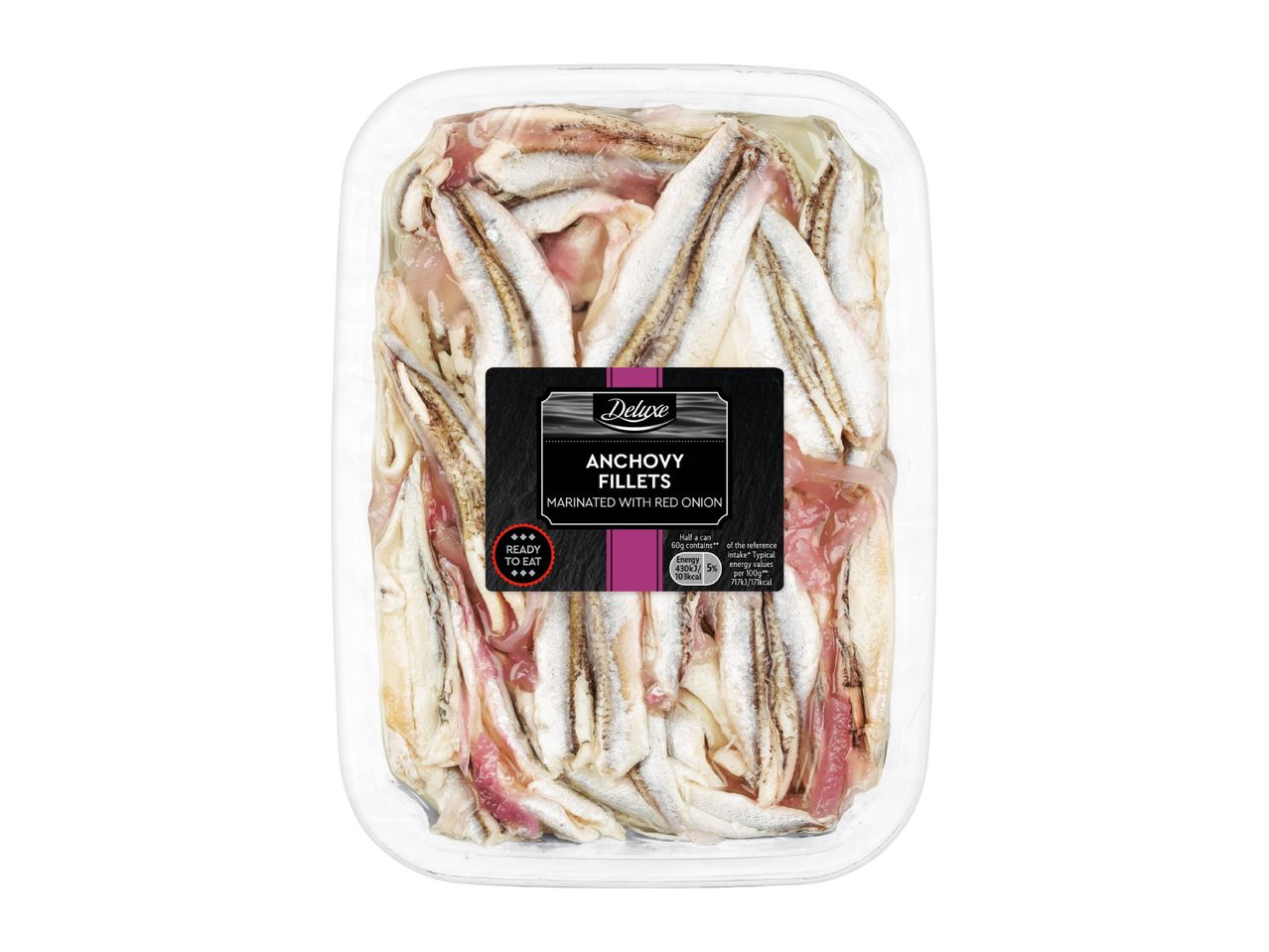 Anchovy fillets marinated with red onion in a clear plastic tray, ready to eat.