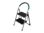Two-step folding ladder with a green handle and non-slip steps.