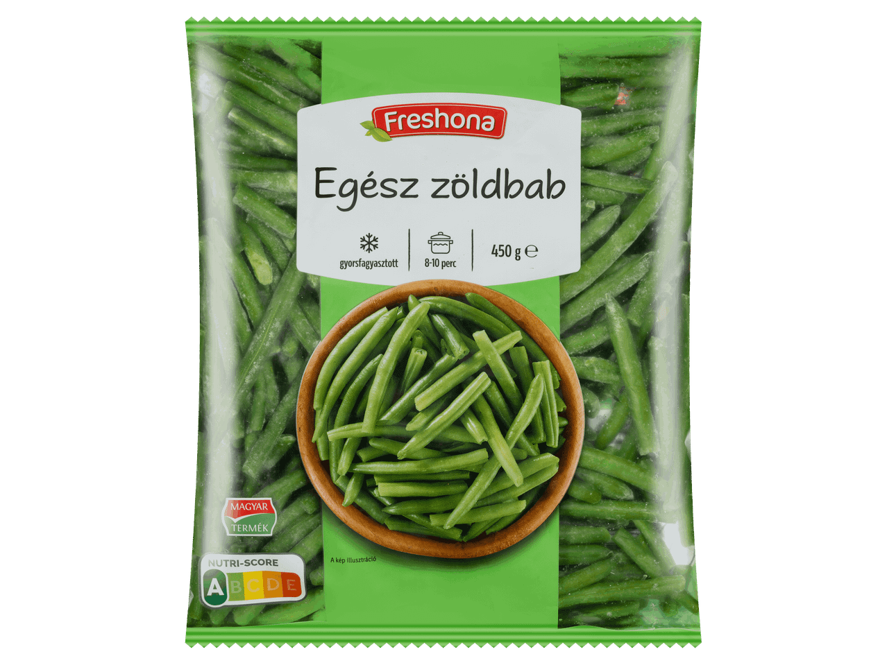 Gyorsfagyasztott egész zöldbab 450 g-os kiszerelésben.