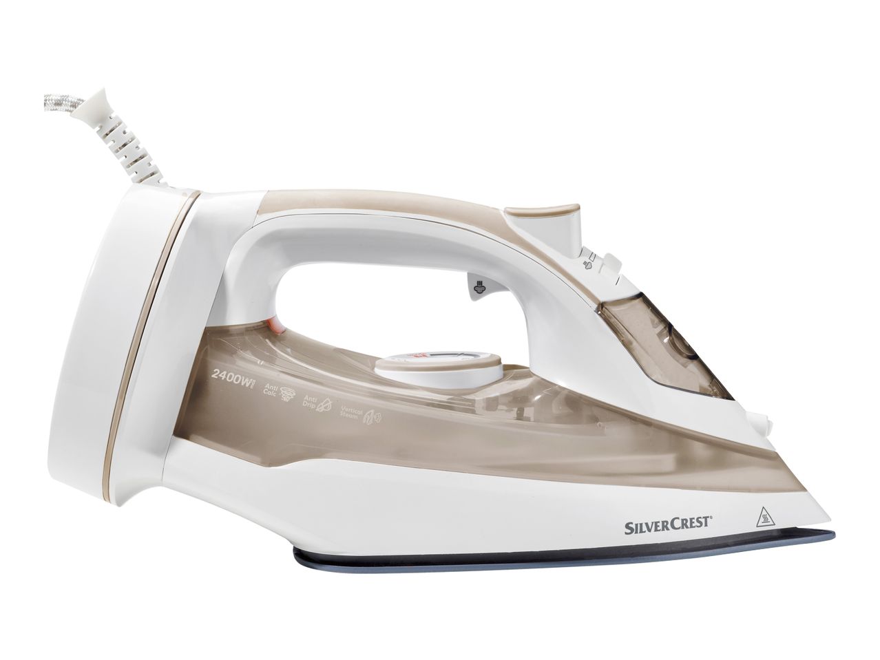 A Silvercrest 2400W steam iron with beige and white accents is shown.