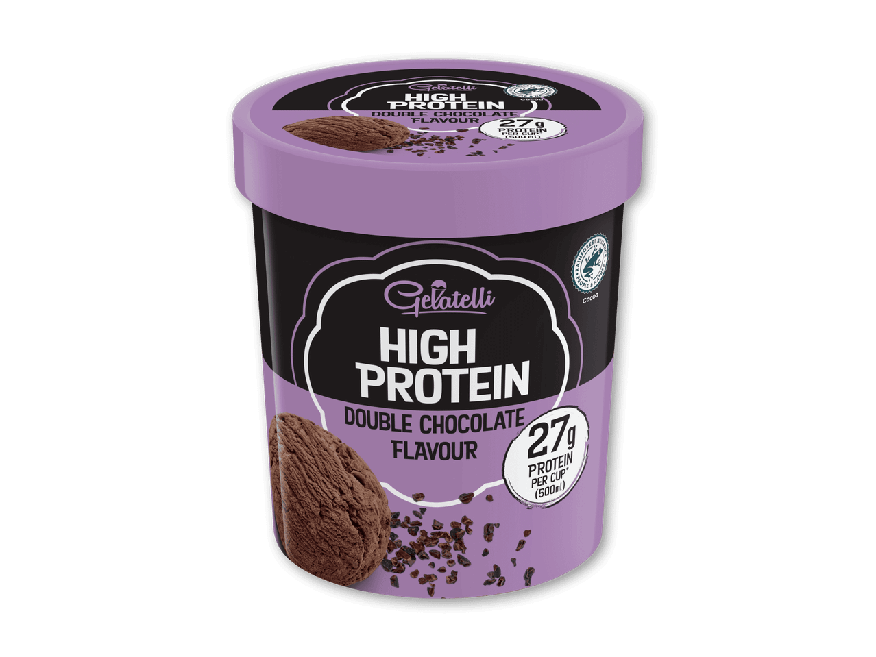 Højprotein is med dobbelt chokoladesmag, 27g protein pr. kop (500ml).