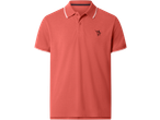 Men's coral polo shirt with white striped collar and sleeves, featuring a marlin embroidery.
