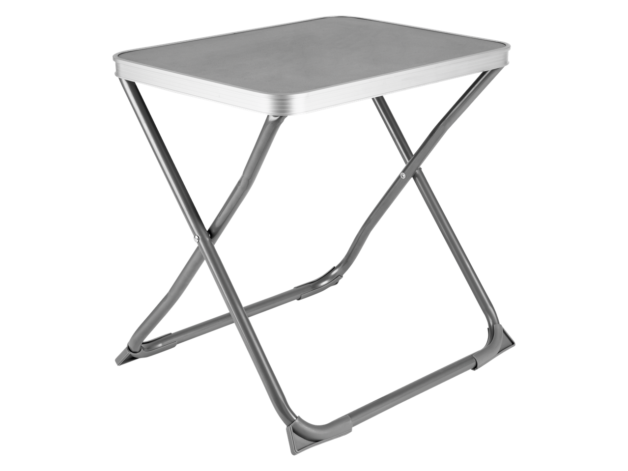Foldable metal table, ideal for camping or picnics.