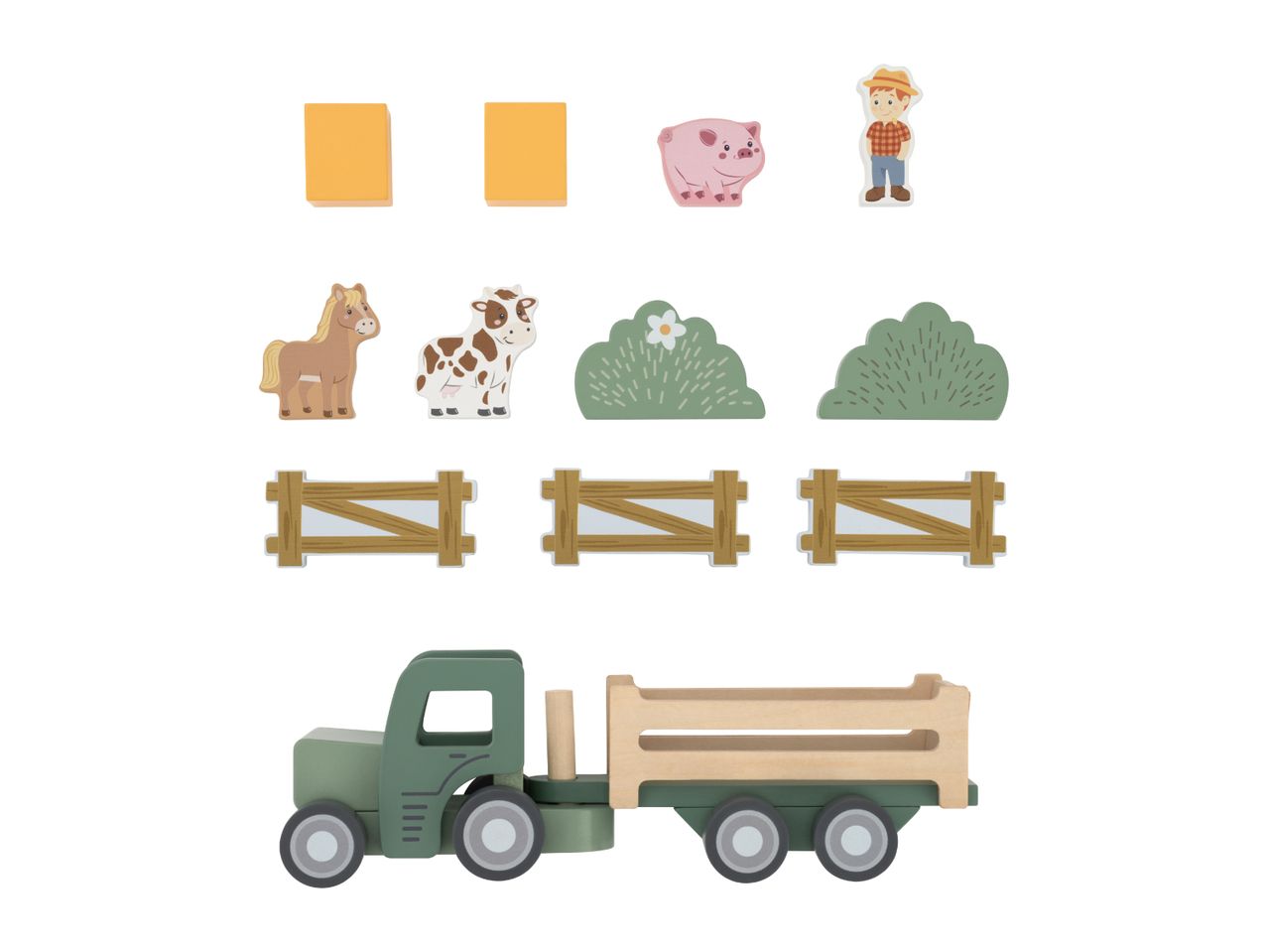 Wooden farm toy set with a truck, fences, animals, bushes, and hay bales.