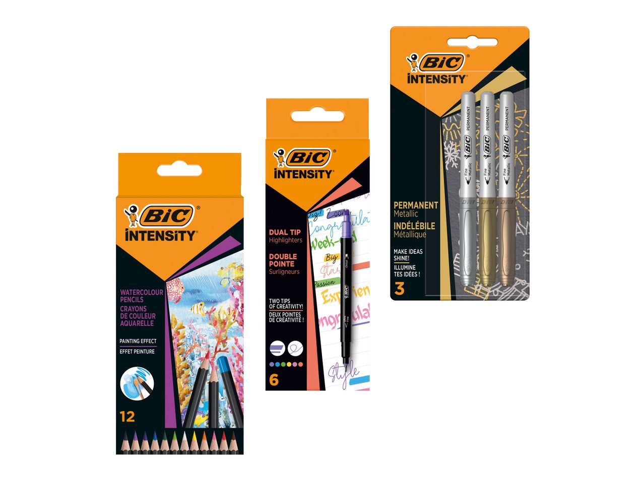 Drei Packungen mit Schreibwaren: Metallic-Marker, Textmarker und Aquarellstifte.