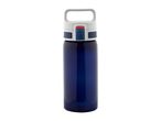 Blue water bottle with handle.