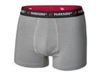A pair of gray men's boxer briefs with a black waistband featuring the Parkside logo.
