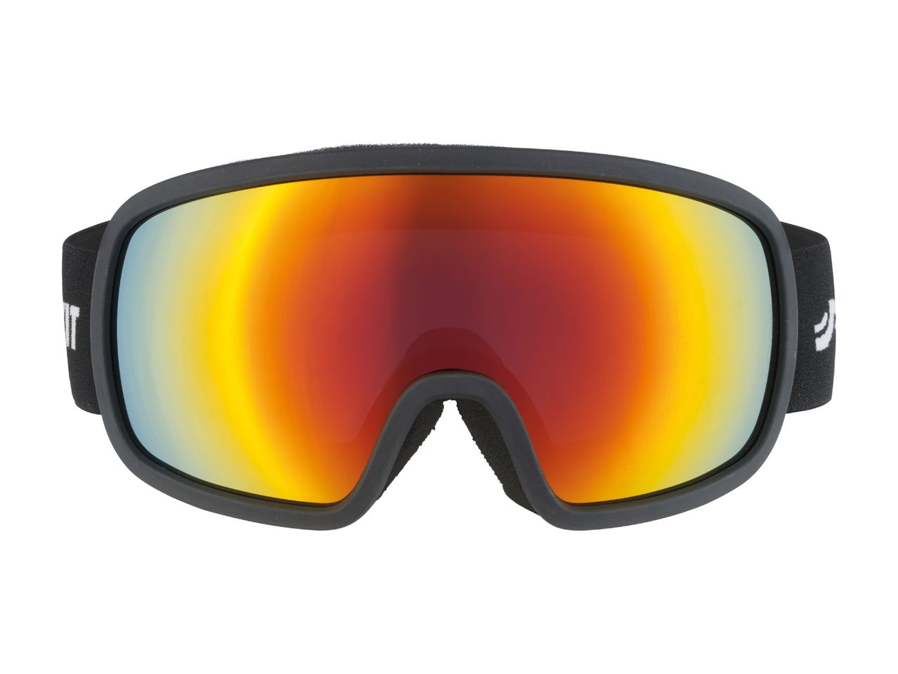 Black ski goggles with a red and yellow mirrored lens