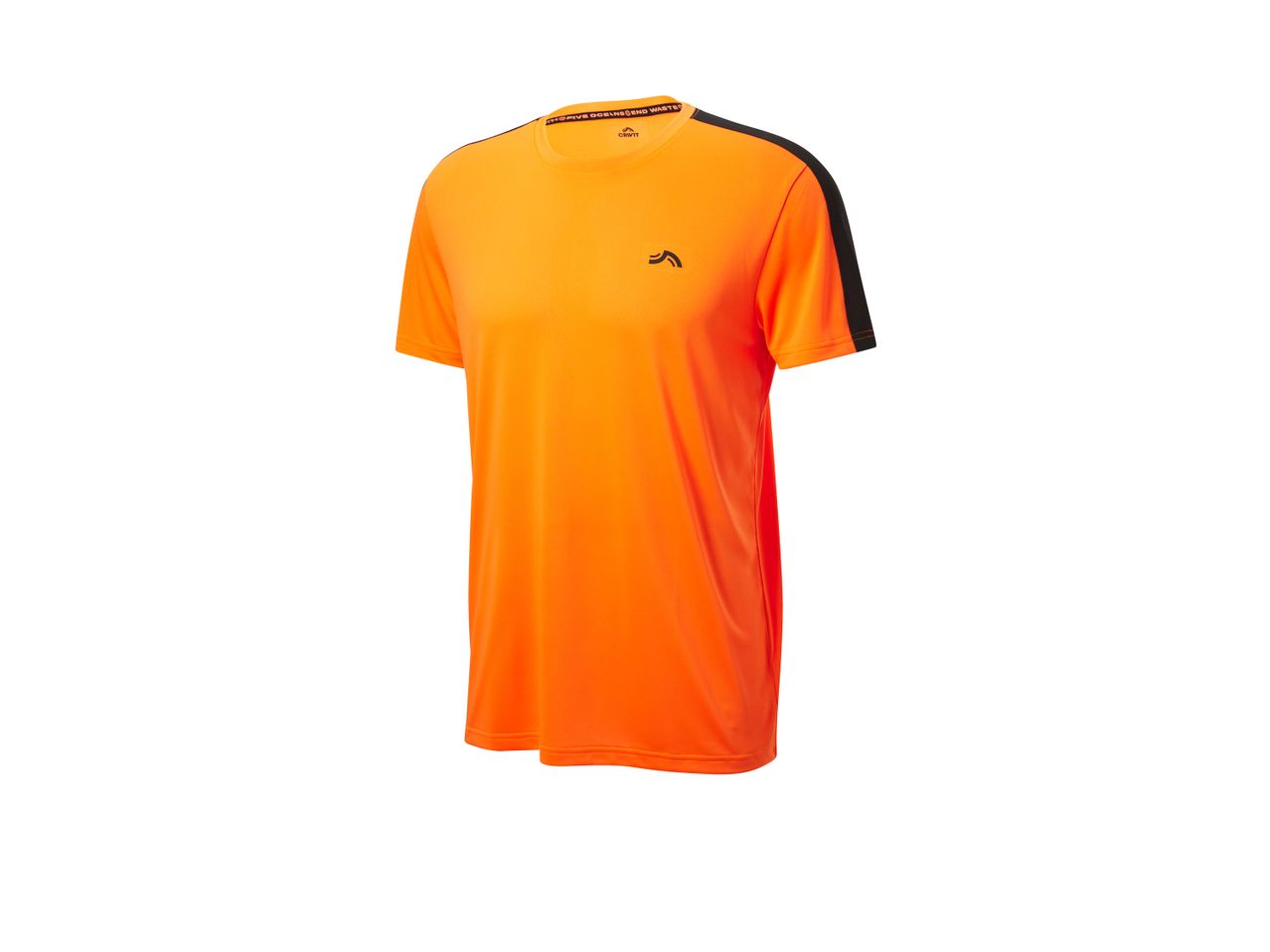 Orange men's sports t-shirt with black shoulder stripes.
