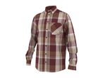 Men's long-sleeved plaid shirt in maroon, beige, and white