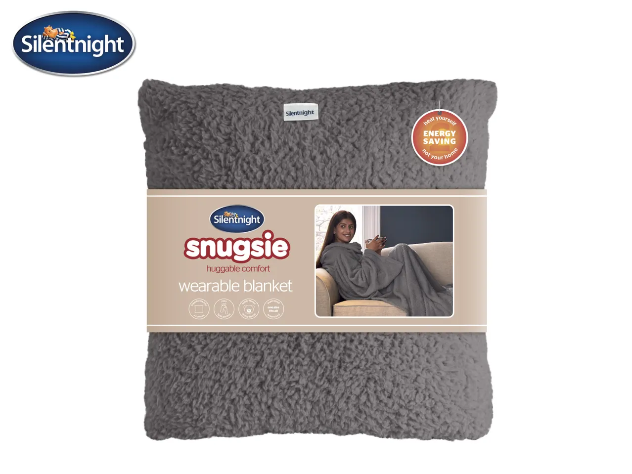 Grey wearable blanket with a label showing a woman using it, highlighting energy saving.