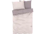 A mauve and white patterned bedding set, including a duvet cover, pillowcases, and bolster.