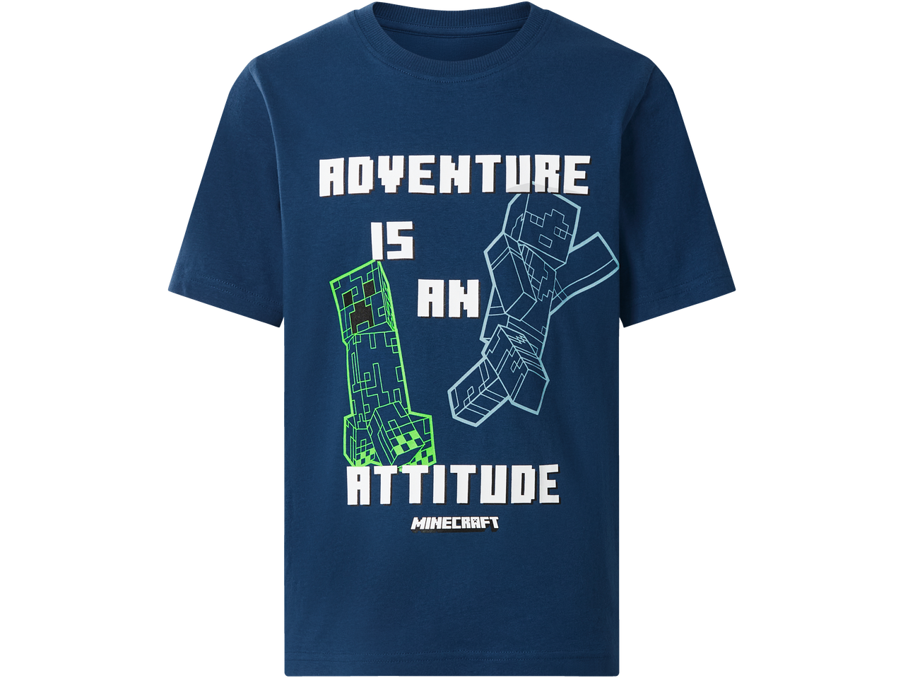 T-shirt infantil MINECRAFT com a frase 'ADVENTURE IS AN ATTITUDE' e personagens