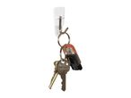 Keys and a USB drive hanging from a white adhesive hook.