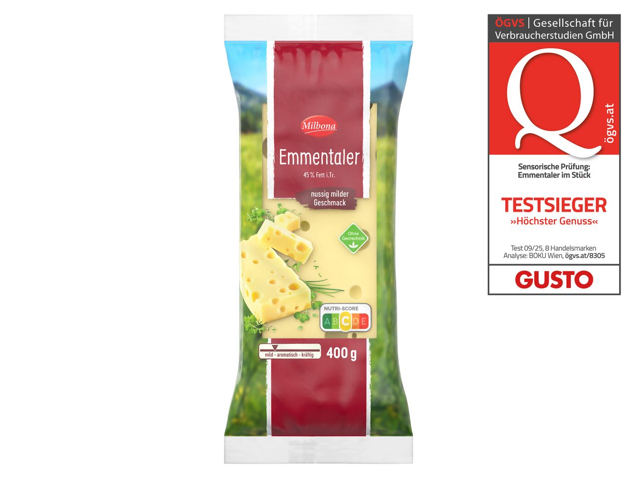 Milbona Emmentaler Käse 400g, nussig milder Geschmack, Testsieger