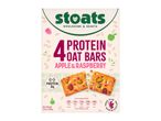 Packaging for 4 protein oat bars, apple & raspberry flavor, with nutritional information.