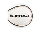White hurling ball with black stitching and the word 'SLIOTAR' printed on it.