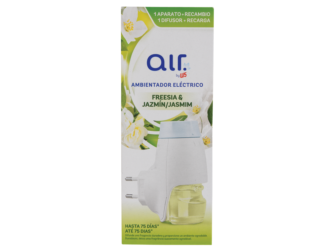 Air Wick aromatizador elétrico com fragrância de Freesia e Jasmim, duração de até 75 dias.