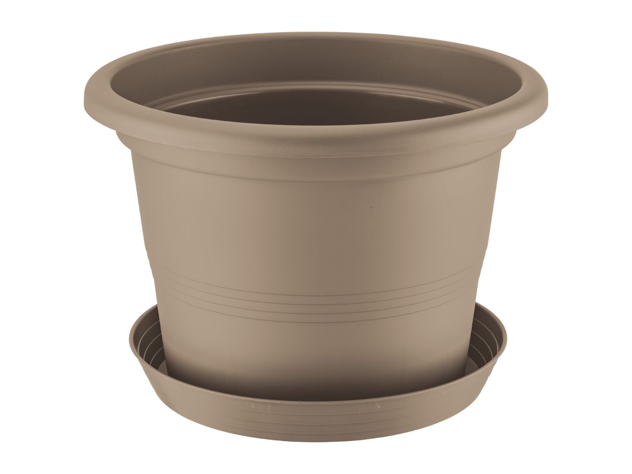 Brown plastic plant pot with a matching saucer