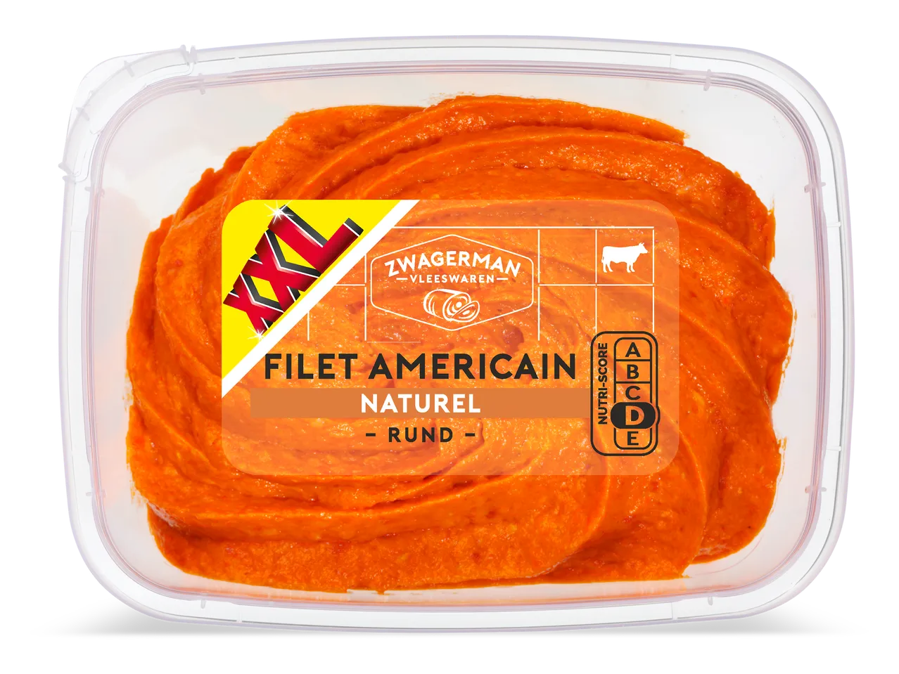 Een transparante plastic bak met oranje filet americain, met een label dat 'XXL', 'Naturel' en 'Rund' aangeeft, en een Nutri-Score D.