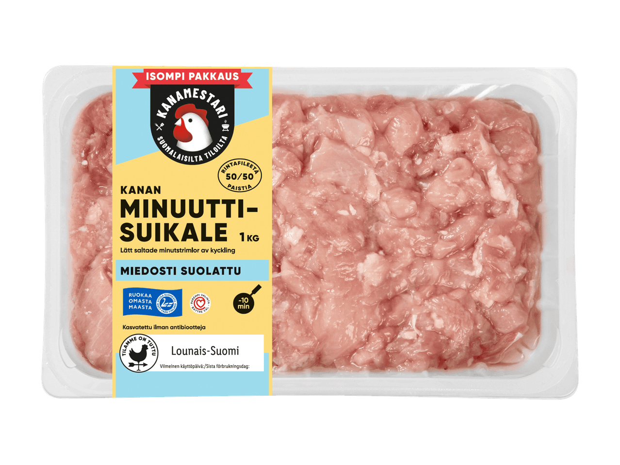 Yhden kilon pakkaus miedosti suolattua kanan minuuttisuikaletta.