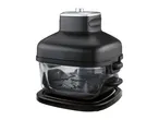 Black air fryer with a transparent cooking basket and a silver top accent.