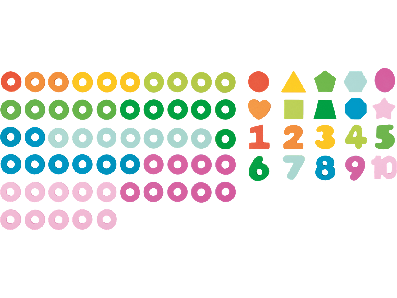 Cercuri colorate, forme geometrice și numere.