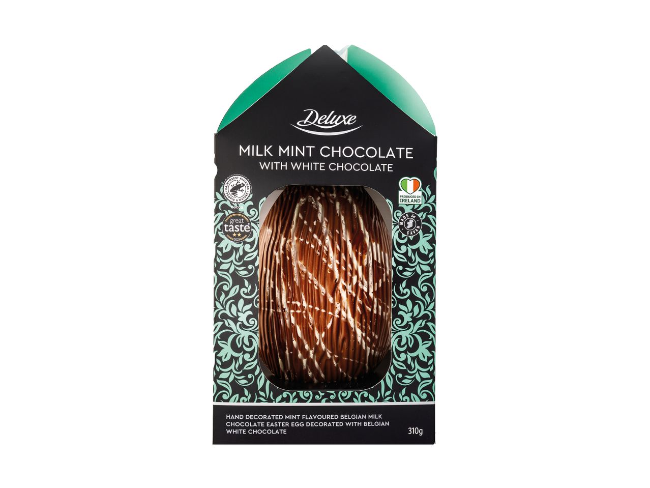 Milk mint chocolate Easter egg with white chocolate decoration in a black and mint green box.