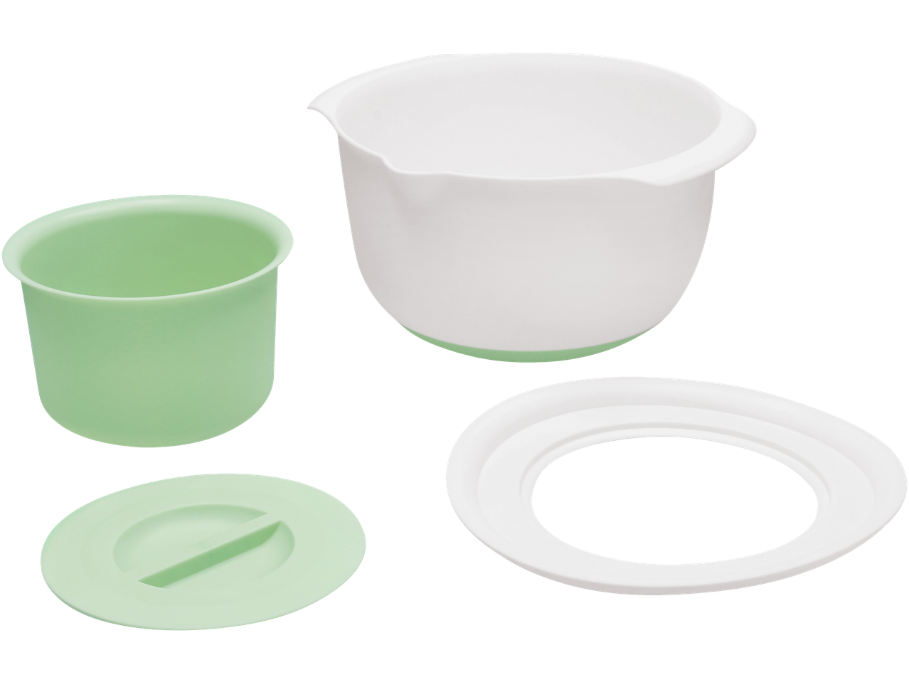 Zenker® set za mešanje: bela činija, zelena posuda i poklopci.