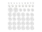 A variety of button cell batteries in different sizes arranged in rows.