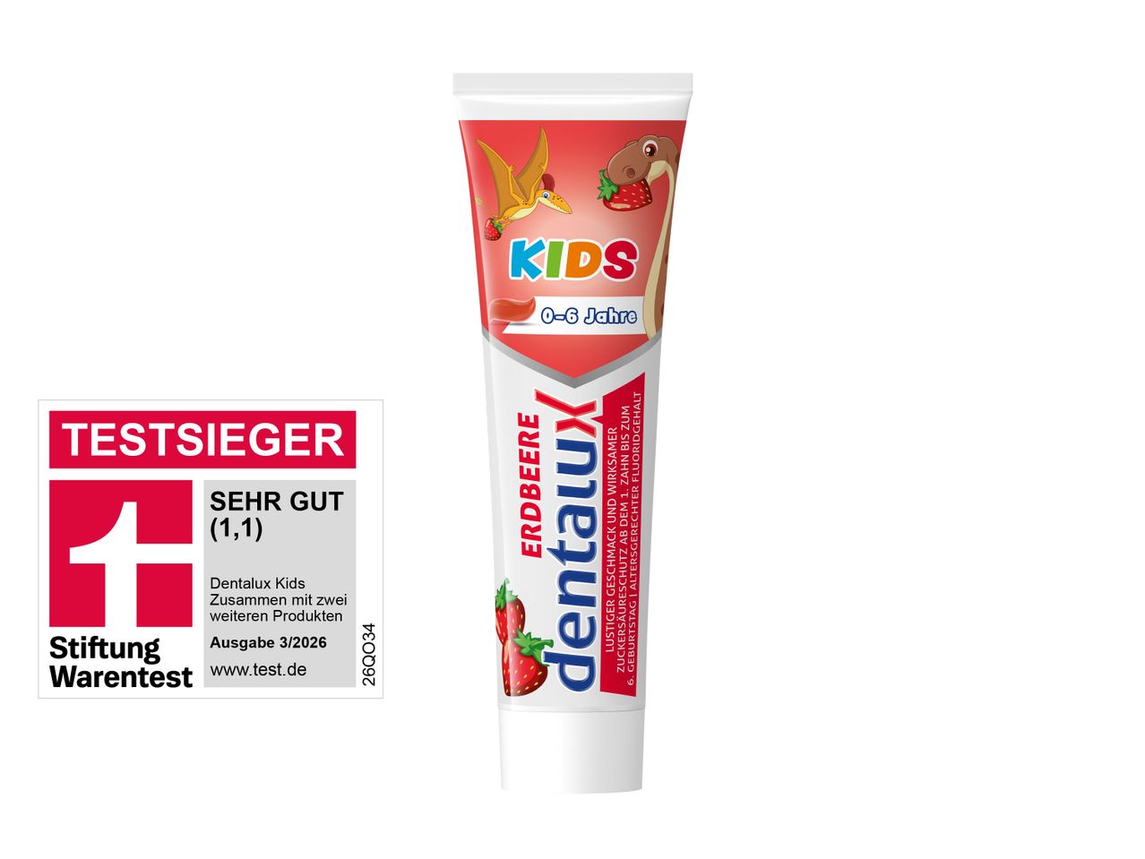 Kinderzahnpasta mit Erdbeergeschmack und einem 'Testsieger'-Siegel von Stiftung Warentest.