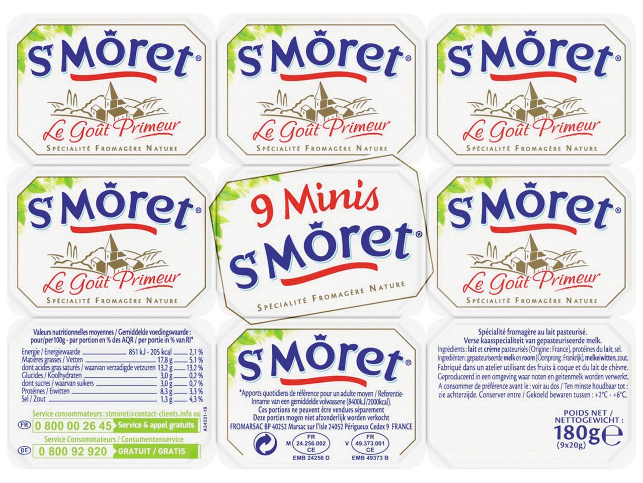 Packaging for St Môret Le Goût Primeur cheese, showing 9 mini portions.