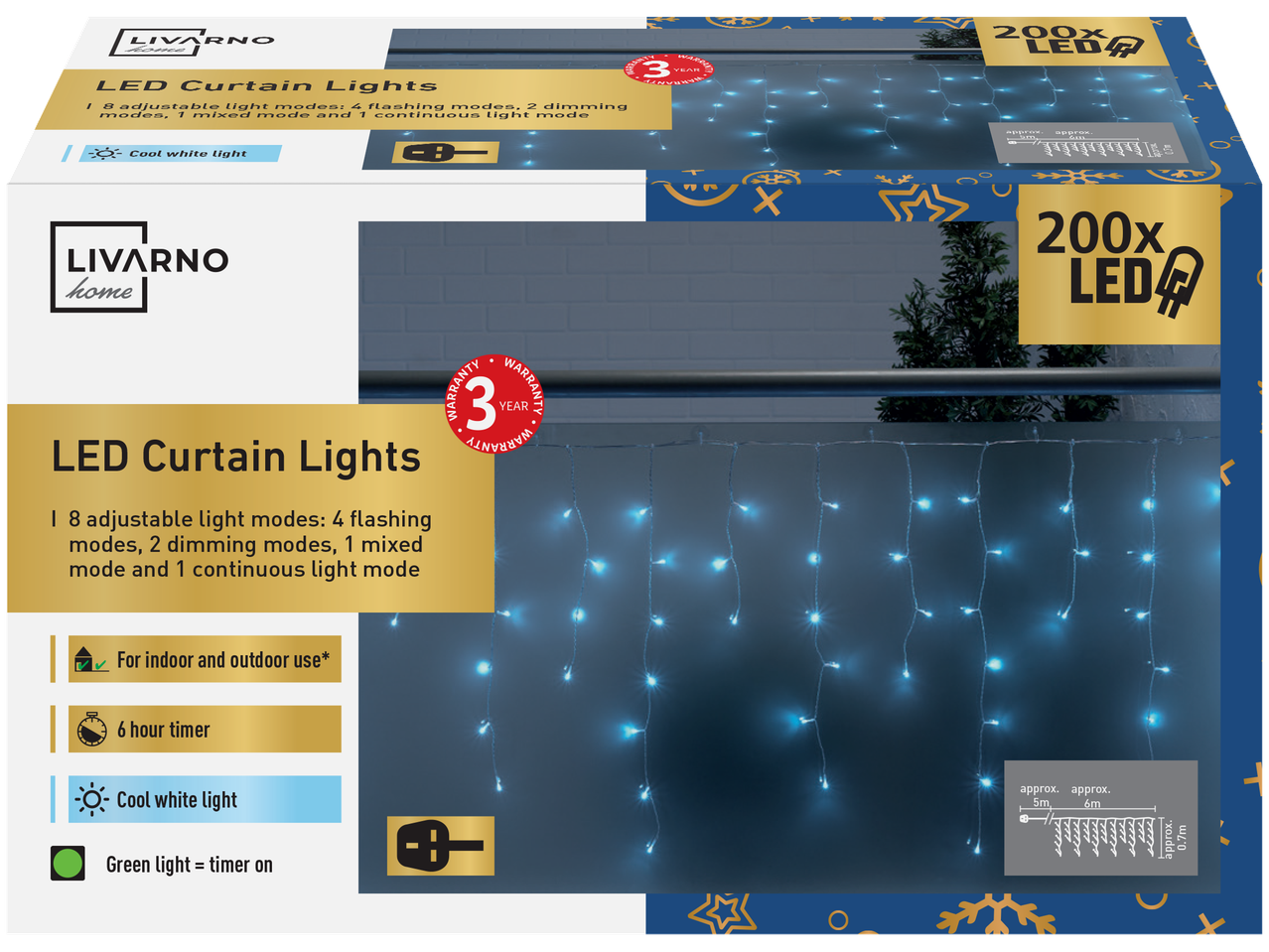 LIVARNO home LED Curtain Lights with 200 cool white LEDs, 8 light modes, and a 6-hour timer.