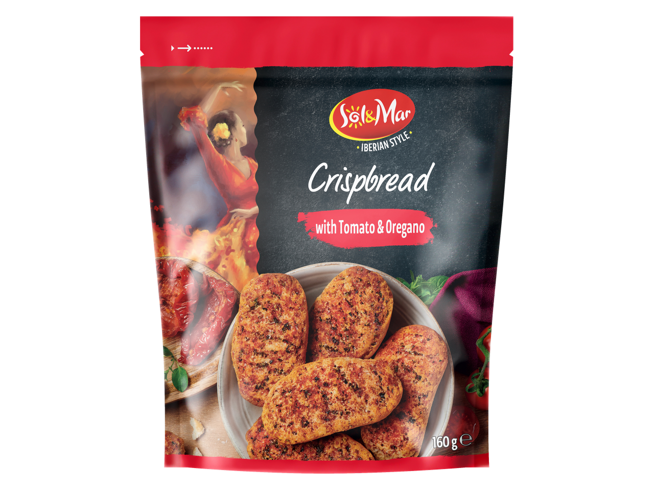 Sol & Mar Crispbread met Tomaat & Oregano, 160g, met een flamencodanseres.