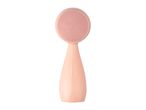 Pink silicone facial cleansing brush with a round head and textured bristles.
