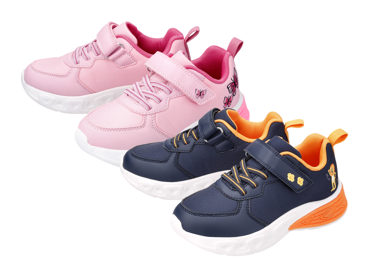 Dječje tenisice: ružičaste s leptirima i tamnoplave s lavom i šapama.