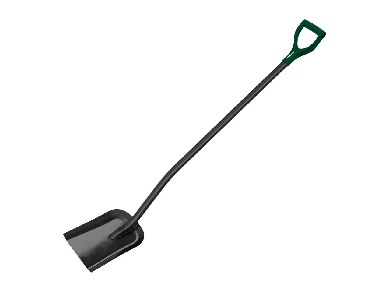 A black and green garden shovel with a D-handle, angled on a white background.