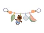 Baby activity arch with hanging plush toys: a bear, fruit, and a mirror.