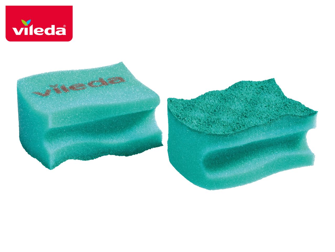 Two green cleaning sponges, one with a textured surface, on a white background.
