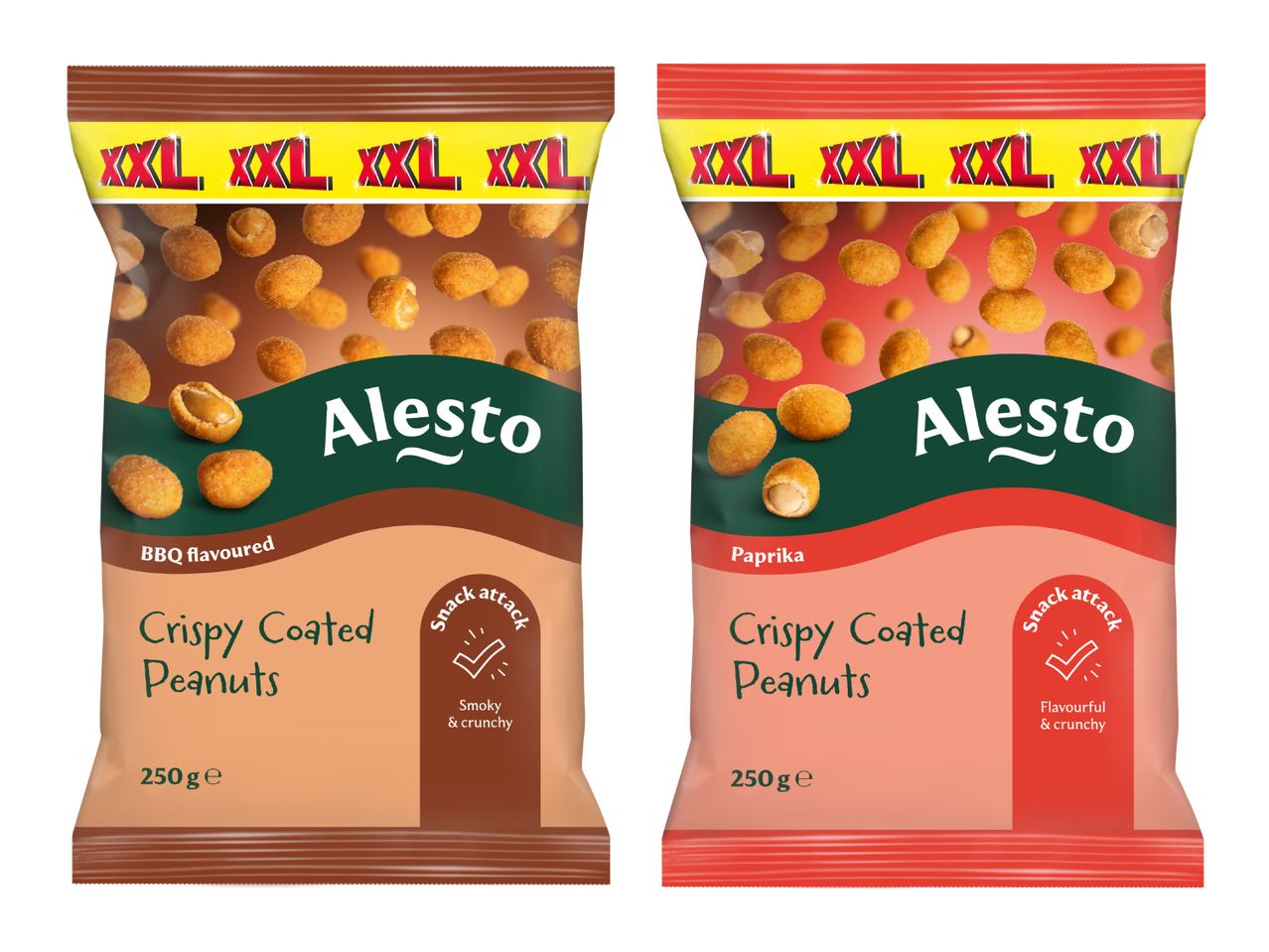 Two XXL bags of crispy coated peanuts, one BBQ flavoured and smoky & crunchy, the other paprika flavoured and flavourful & crunchy.