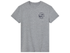 T-shirt gris chiné avec un motif circulaire bleu marine 'THE OCEAN IS CALLING' et des palmiers.
