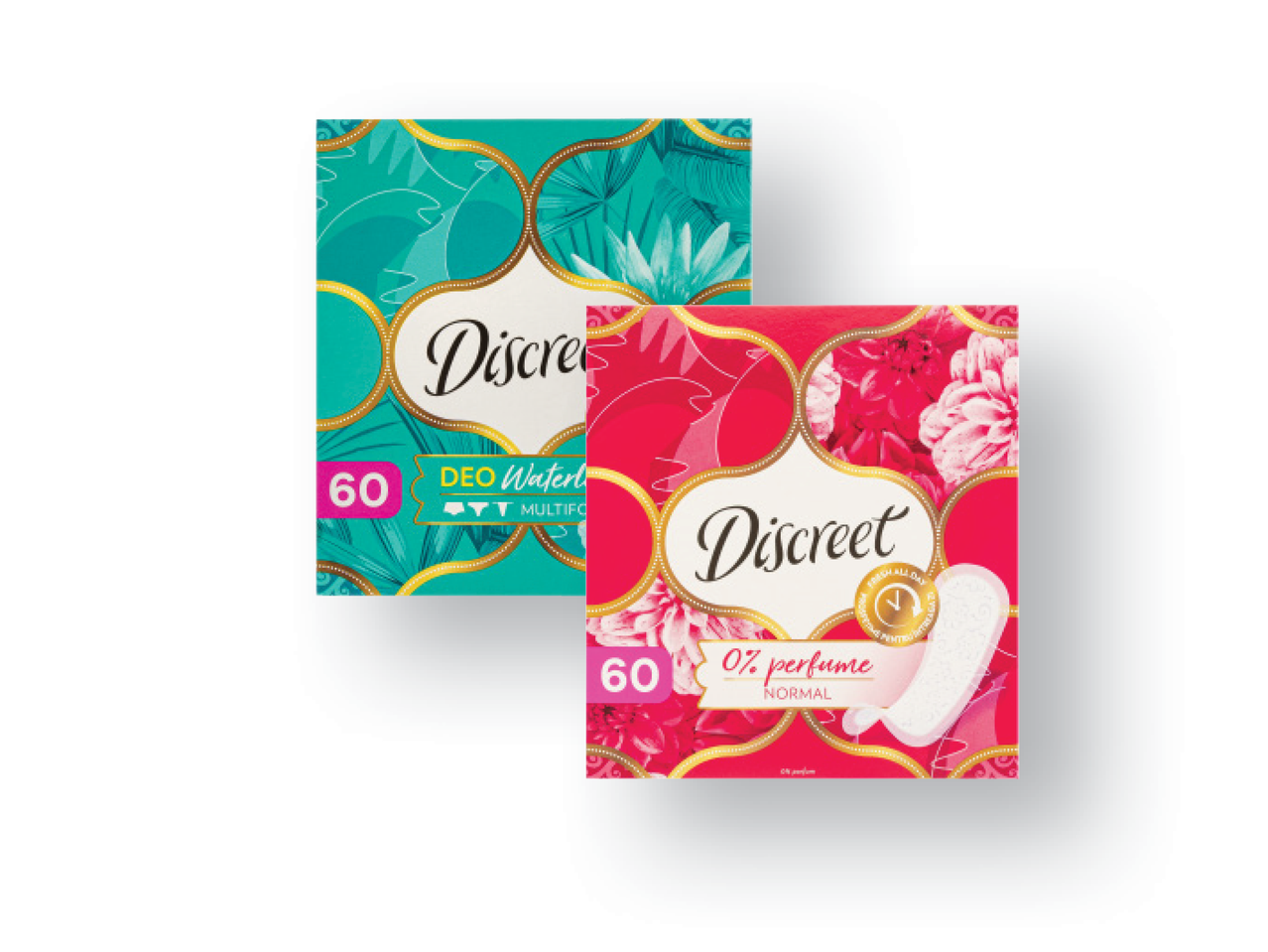 Dvi „Discreet“ pakuotės: viena turkio spalvos su „Deo Waterlily“, kita raudona su „0% perfume“.