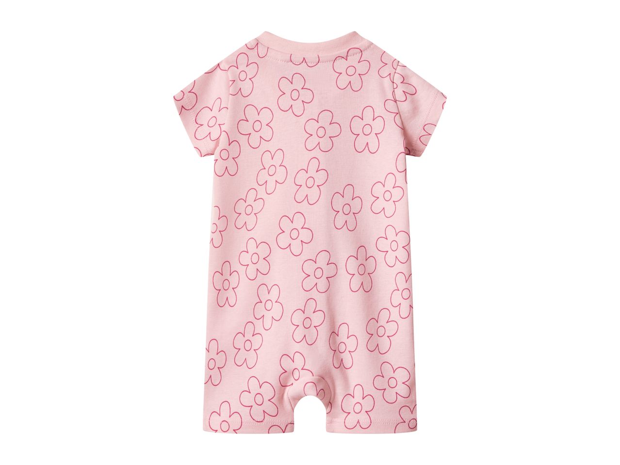 Pink baby romper with short sleeves and an all-over floral pattern.